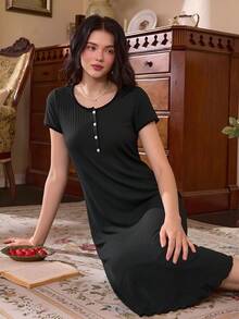 Côtesoire Summer Lazy Casual Minimalist Sexy Ribbed Short Sleeve Nightgown - Black - View 3