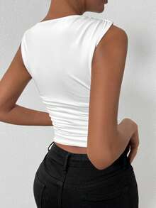 Allurite Women Tank Tops & Camis Ruched Plain Casual - Putih - View 3