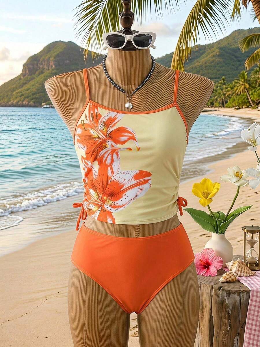 SHEIN 青少年女孩比基尼套裝 夏季兩件式泳衣套裝,時尚撞色花卉上衣與泳褲套裝,適合游泳、度假、夏季海灘穿著,兒童泳衣套裝,夏季假期 - 橘色 - 查看 1