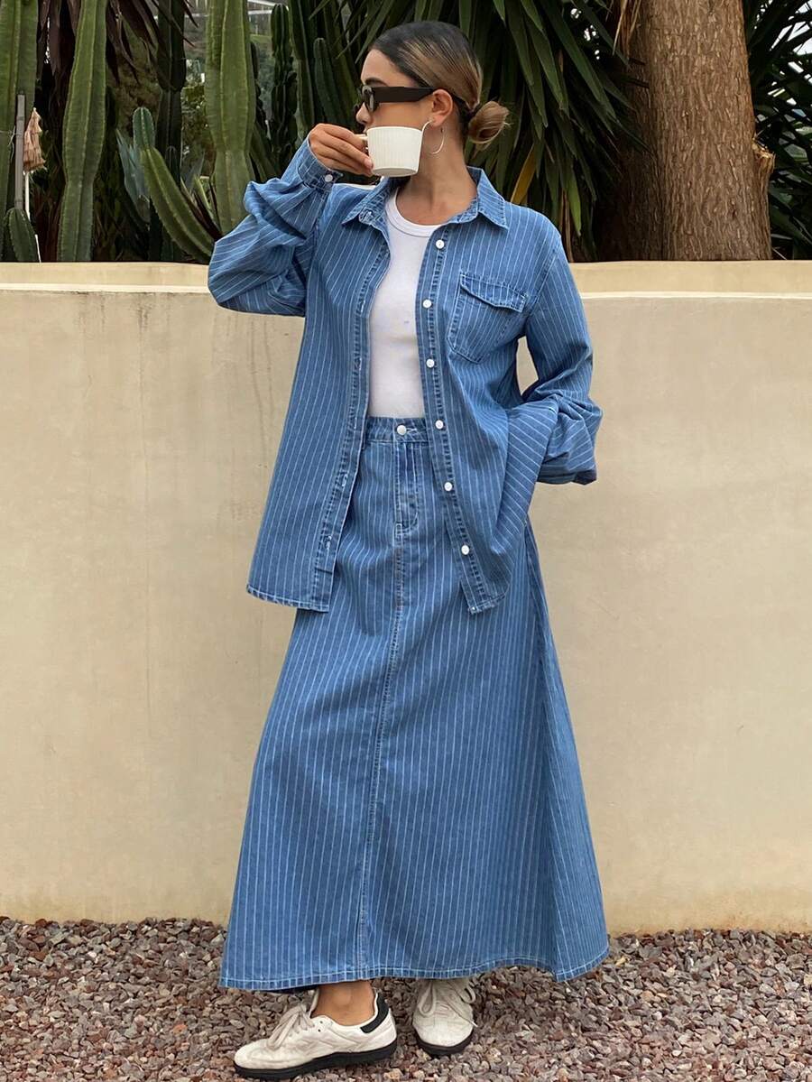 DAZY Women's Casual Striped Pocket Shirt And Denim Skirt 2-Piece Suit, Spring/Summer - Blue - View 1