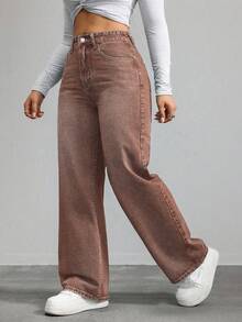 SHEIN ICON 大尺碼休閒直筒牛仔長褲 - 棕色 - 查看 4