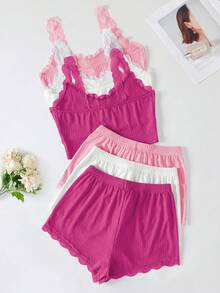 Lowkey Lull 6pcs Women's Solid Color Lace Cami Top & Shorts Pajama Set - Multicolor - View 2