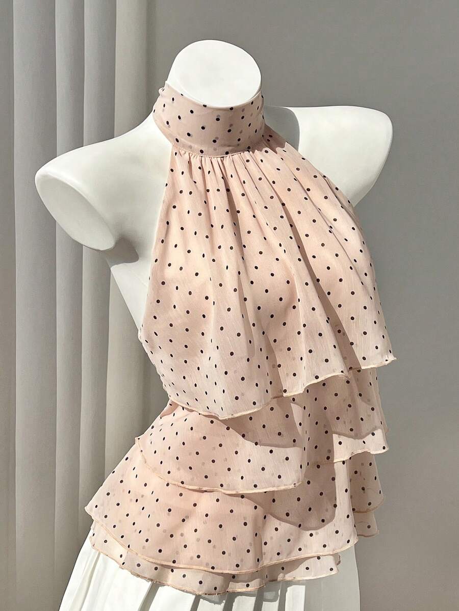 Elamini 女款春夏休閒度假風荷葉邊拼接四層雪紡波點印花面料優雅顯瘦抓皺修身海灘綁帶襯衫 - 珊瑚橙 - 查看 1