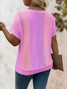 EMERY ROSE Plus Size Women's Casual V-Neck Rainbow Color Scheme Hem Cross Twist Knot Elegant Slimming Design Short Sleeve T-Shirt - Mauve Purple - View 2