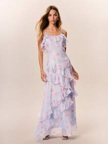 Willow Rêve Floral Print Faux Silk Ruffle Hem Spaghetti Strap Backless Light Blue Women's Maxi Dress - Dusty Purple - View 3