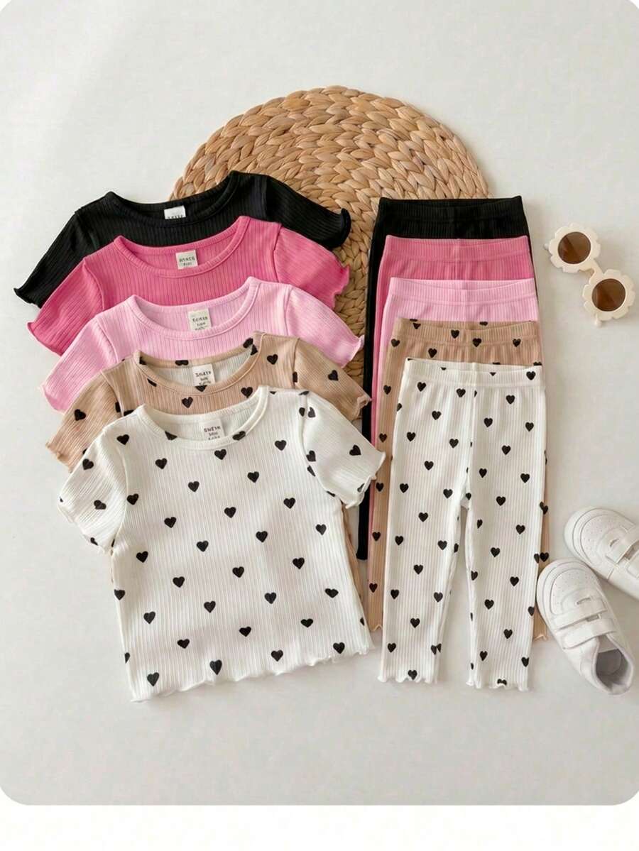 Juego de 5 piezas de camisetas casuales de punto con patrón de corazón de unicolor para niñas bebé (múltiples piezas) - Rosa - Ver 1