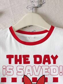 THE POWERPUFF GIRLS X SHEIN Tween Girl Cartoon Pattern & Letter Print Contrast Color Round Neck T-Shirt - White - View 4