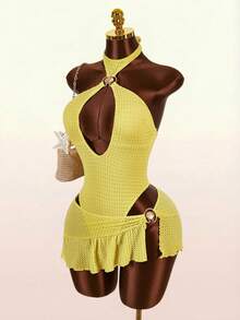 Amplova Ensemble de maillot de bain pour femmes, maillot de bain une pièce dos nu à col licou avec décoration en coquillage métallique et jupe de plage - Jaune clair - Voir 4