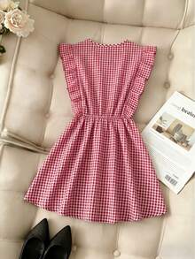 Pariaura Vintage Brown Ruffled Full-Width Design Dress / Waist-Cinching Slim Mini Dress / Elegant & Sweet - Red - View 2