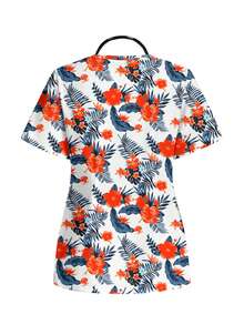 PopScrub Women's Vacation Palm Leaf Floral Hibiscus Pattern Scrub Uniform Top - Multicolor - View 2