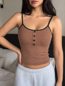DAZY 條紋假門襟加厚細肩帶女款背心內搭衫 - 棕色 - 查看 6