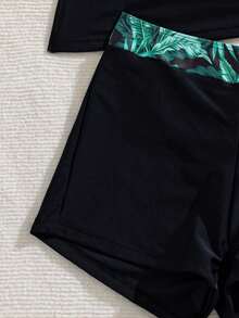Swim Lushoire 女款夏季海灘熱帶印花拼接分體式比基尼套裝 - 黑色 - 查看 6