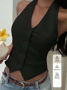 SHEIN EZwear 女款輕量梭織掛脖西裝外套，黑色不對稱短版設計，配黑色鈕扣背心，適合秋冬穿搭 - 黑色 - 查看 1