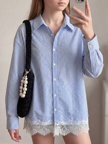 Teen Girl Minimalist Casual Elegant Textured Blue & White Striped Contrast Lace Blouse Fall/Winter - Blue and White - View 10
