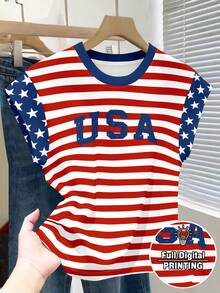 Resyla Women's Round Neck Short Ruffle Sleeve Striped USA Print Pattern T-Shirt Top - Multicolor - View 1