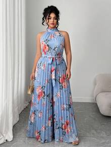SHEIN LUNE CURVE 大尺碼女款淺藍色碎花百褶掛脖寬腿連身褲，附腰帶，適合夏季婚禮派對度假正式優雅場合 - 霧霾藍 - 查看 3