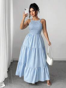 Elenzga Plus Size Women's Halter Neck Blue And White Vertical Striped Waist-Defining Elegant Dress - Baby Blue - View 1