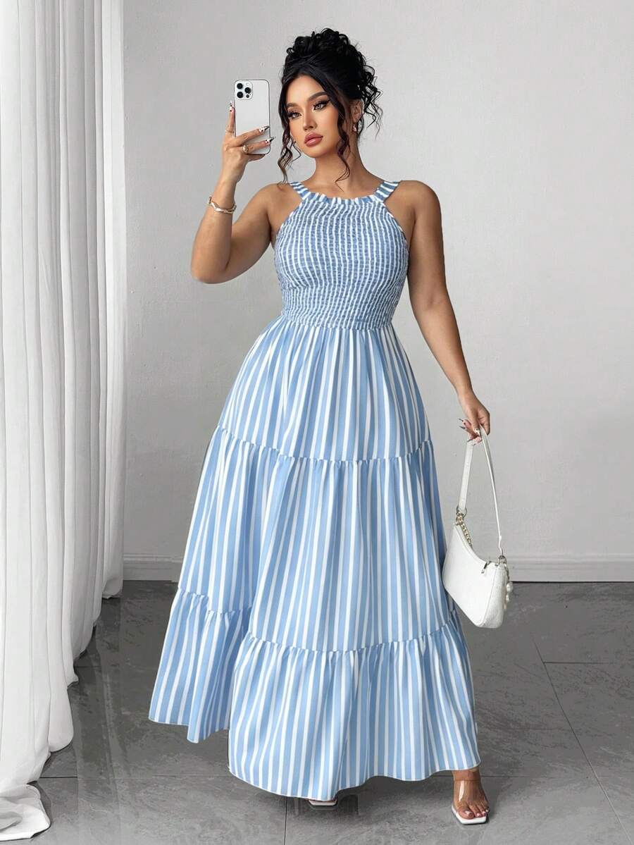 Elenzga Plus Size Women's Halter Neck Blue And White Vertical Striped Waist-Defining Elegant Dress - Baby Blue - View 1