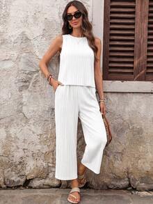 EMERY ROSE Women's Solid Color Round Neck Top And Long Pants Casual Daily 2 Pieces Set Vacation White Summer - White - View 6