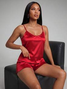 SHEIN Satin Cami Top With Shorts PJ Set / Pajama Set - Red - View 5