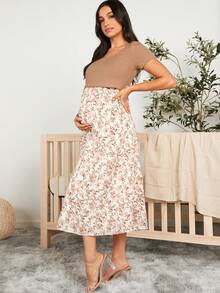 SHEIN Maternity Floral Patchwork Nursing Dress - Khaki - View 8