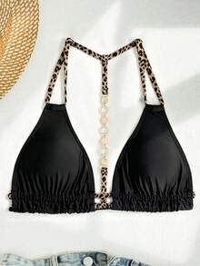 Swim Vcay 女款度假海灘豹紋金屬扣褶皺性感時尚泳衣上衣 - 黑色 - 查看 2