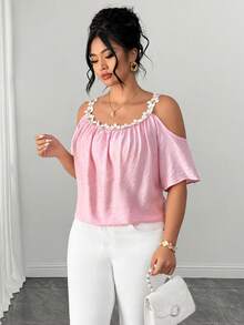 Elenzga Plus Size Round Neck Patchwork Lace Collar Cold Shoulder Short Sleeve Meteor Pleated Texture Pink Blouse Brunch Formal Summer Elegant Autumn - Pink - View 7