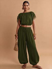 Zivah Women's Solid Color Pleated Top And Lantern Pants Casual Daily Set - Army Green - View 10