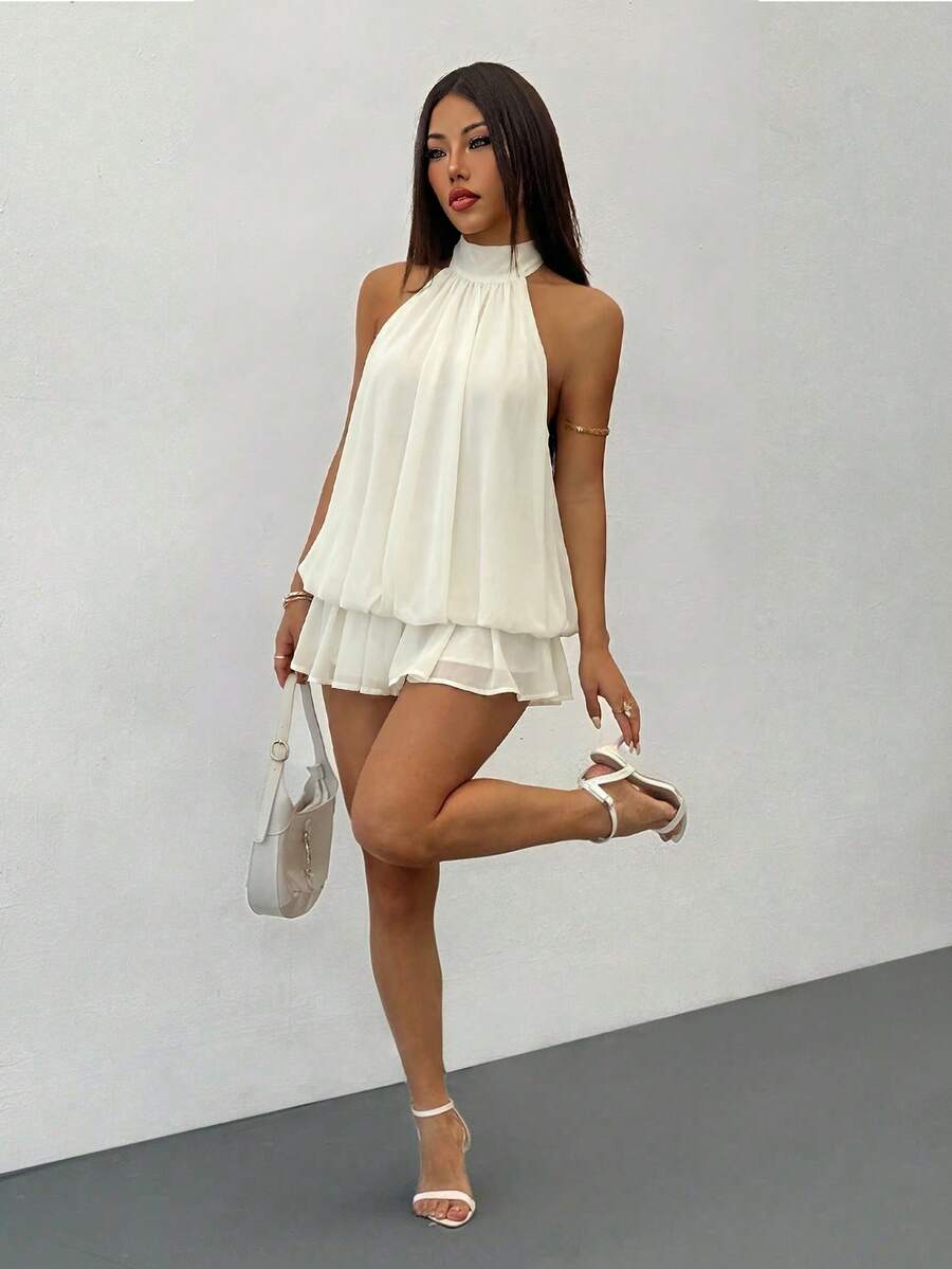 SHEIN PETITE Gaun Mini Tanpa Lengan dengan Ikatan Leher yang Elegan Warna Kuning Pucat, Cocok untuk Pesta, Kencan, Musim Gugur/Dingin dan Musim Semi/Panas, untuk Wanita Bertubuh Mungil - Krem - View 1
