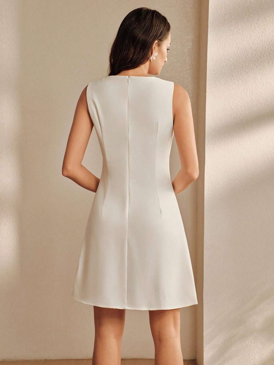 Cool-Toned Elegant Rhinestone White Mini Dress, Sleeveless A-Line Versatile Sophisticated Style Dress