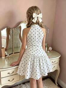 Tween Girl Halter Neck Sleeveless Polka Dot Dress - Multicolor - View 3