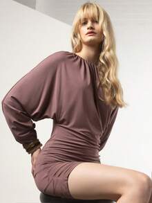 KÆRIA Hus Vestido Mini Drapeado Sian - Mezcla de Modelo, Volumen Suave, Asimétrico - Rosa Quemado - Fiesta, Verano, Vestido Marrón - Burdeos - Ver 5