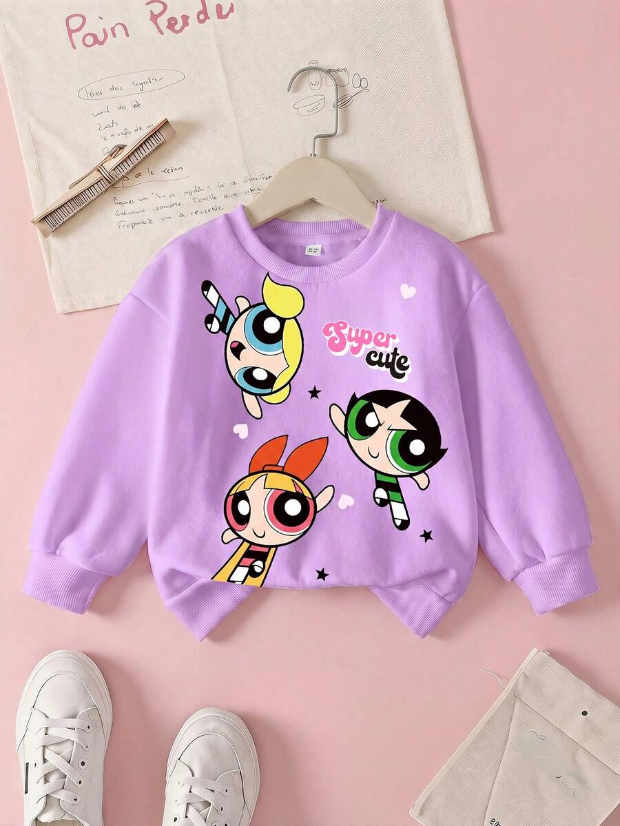 THE POWERPUFF GIRLS X SHEIN Young Girl Cartoon Print Purple Soft & Sweet Cute Casual Loose Dropped Shoulder Sweatshirt For Autumn Fall Winter - Purple - View 1