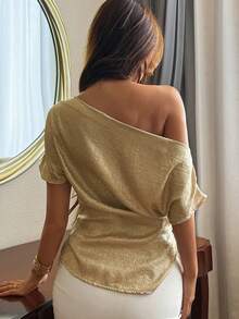DAZY 女款素色貼身不對稱肩優雅性感夏季襯衫上衣 - 杏色 - 查看 2