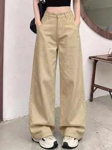 DAZY 夏季新款純色休閒度假商務休閒風女款牛仔褲 - 卡其色 - 查看 6