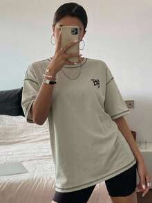 DAZY Color Block Contrast Stitching Decor Short Sleeve Women T-Shirt Summer Preppy Tops School - Khaki - View 10