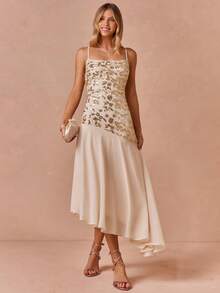 Enchnt Premium Summer Romantic Sexy Women's Elegant Beige Sequin Patchwork Spaghetti Strap Dress, Vacation Dress, Prom Dinner Date Luxury Evening Wedding - Apricot - View 3