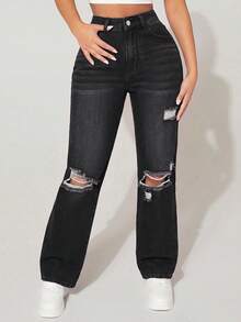 SHEIN PETITE Celana Jeans Denim Kasual Wanita Model Lurus dengan Pinggang Tinggi dan Saku, Model Potongan Lurus dengan Detail Sobek - Hitam - View 4