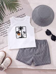 3-Piece Baby Boy Summer Casual Set, White Sleeveless Tank Top With Square Frame Island Coconut Tree Sunset Print, Full Vacation Vibe; Bottom Paired With Dark Gray Fine Vertical Striped Elastic Waist Shorts, Matching Same Fabric Striped Bucket Hat, Sleeveless Cut Cool And Breathable, Simple And Timeless Color Palette, Suitable For Daily Outings, Beach Trips, Vacation Wear, Beach Outfit - Black - View 3