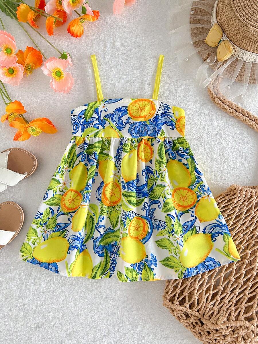 Travachic KIDS Travachic KIDS 女嬰可愛休閒碎花印花細肩帶度假洋裝 - 杏色 - 查看 1