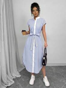 SHEIN Raffinéa Business Casual Old Money Style Blue Striped Shirt Dress Short Sleeves Spring And Summer Vacation - Blue and White - View 4