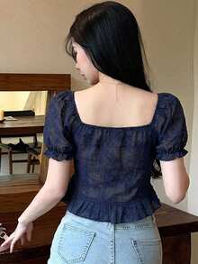 Joudiya 夏季藍色深色花卉刺繡休閒街頭婚禮短袖女款上衣可愛上衣 - 藏蓝色 - 查看 4
