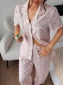 Napfluff Women's Casual Comfortable Home Star Stripe Print Shell Edge Collar Short Sleeve Pajama Long Pants Set - Red and White - View 5