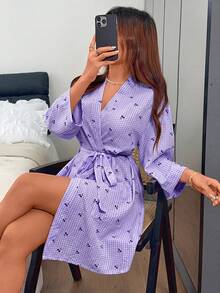 Napfluff Bata casual de mujer con estampado de cuadros de cereza y frente abierto - Morado - Ver 6