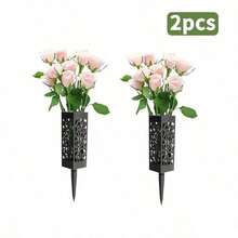 2 piezas Soportes para flores de tumba con estacas, jarrones cuadrados para cementerio para decoración de patio. Diseño hueco para fácil arreglo de flores, ideal para memorial de cementerio, marcador de jardín exterior & decoración floral de tumba. - Talla única - Ver 7