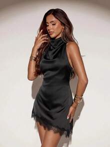 SHEIN ICON Women's Lace Patchwork Halter Neck Sexy Dating Night Out Mini Dress Black Summer - Black - View 4