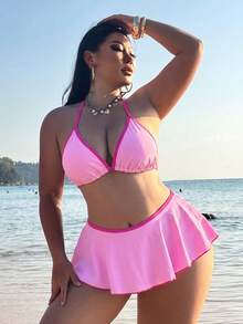 Swim SXY 大尺碼女款兩件式性感海灘裝夏季套裝：細肩帶波點印花上衣搭配對比色荷葉邊比基尼泳褲，比基尼套裝 - 粉色 - 查看 6