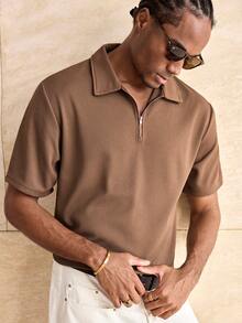 ESTAVOR Men's Casual Loose Polo Shirt, Half-Zip, Solid Brown, Standard Size, Summer - Brown - View 6
