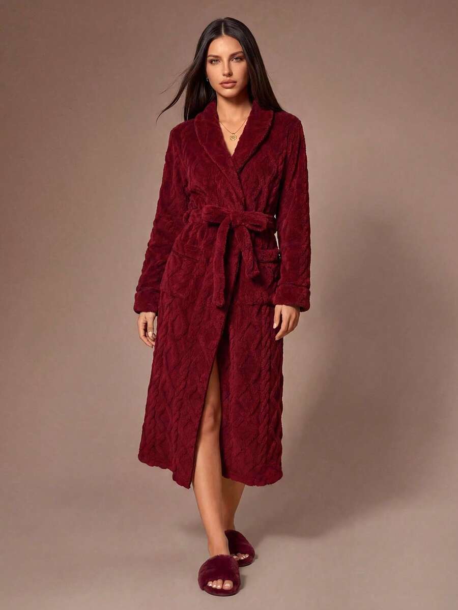 Lazeform Bata de mujer con patrón floral, bolsillos dobles, ribete de empalme de terciopelo, perfecta para verano, otoño e invierno, acogedora y esponjosa - Burdeos - Ver 1