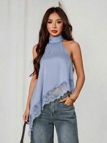 SHEIN PETITE 不對稱高領掛脖上衣 蕾絲飾邊 晚宴派對款 - 淺藍色 - 查看 2